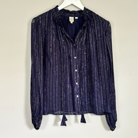 ANTHROPOLOGIE SEEN WORN KEPT Women’s Navy Blue Metallic Stripe Button Up Top 2 - Picture 1 of 12